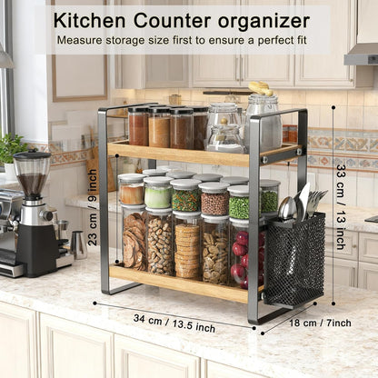 LEMIKKLE 2-Tier Coffee Bar Organizer With Basket,Wooden Counter Shelf for Coffee Bar Accessories,Kitchen Spice Rack Organizer for Countertop-Brown