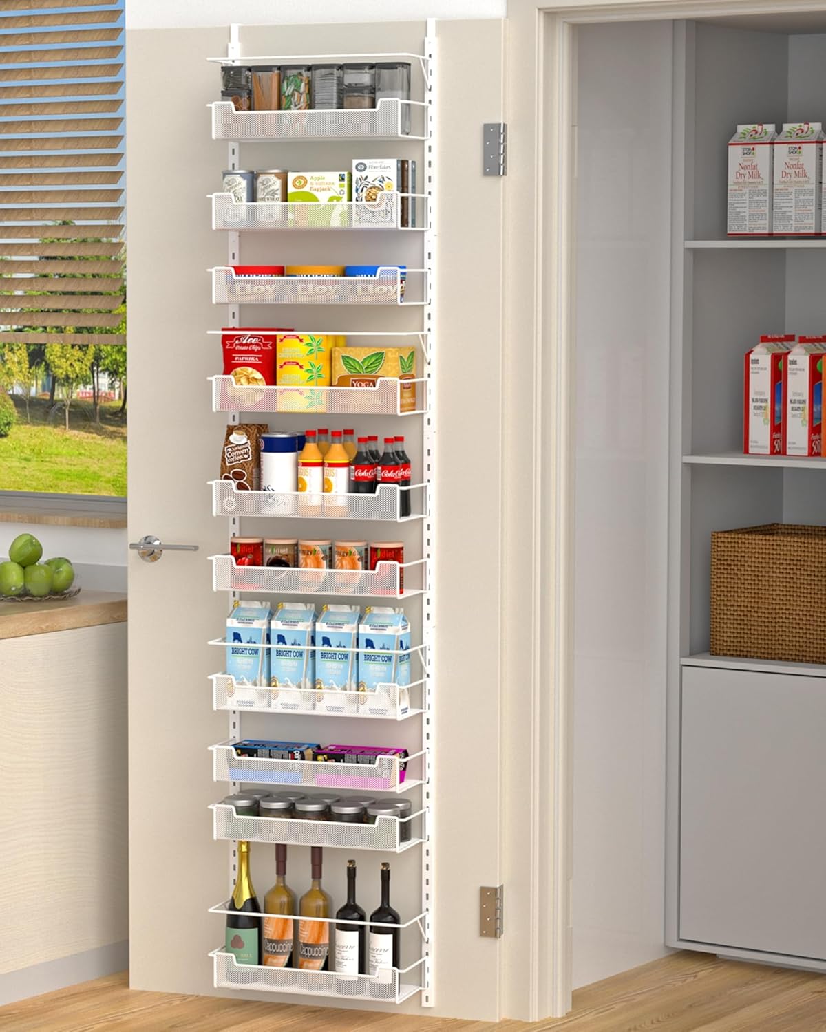 VyGrow 12.3" W Narrow Over the Door Pantry Organizer, 6-Tier Over the Door Organizer with Adjustable Basket, Pantry Door Organization for Pantry Kitchen Storage Room Spice Rack, White