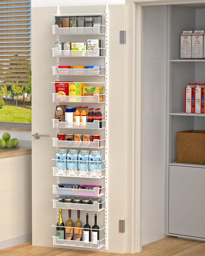 VyGrow 12.3" W Narrow Over the Door Pantry Organizer, 6-Tier Over the Door Organizer with Adjustable Basket, Pantry Door Organization for Pantry Kitchen Storage Room Spice Rack, White