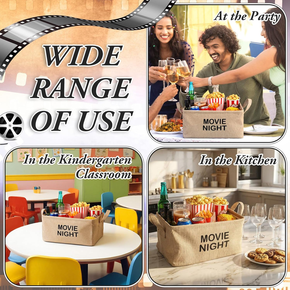 Snack Bar Organizer Basket, Burlap Fabric Snack Storage Holder with Waterproof Lining & Handles, Collapsible Bar Station Organizer Bin for Kitchen Pantry Cabinet Home Movie Night Party