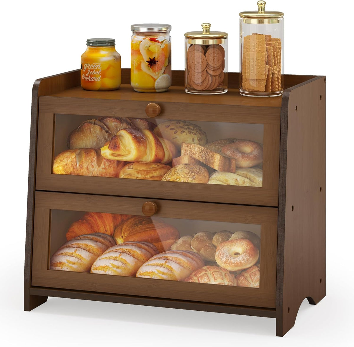 JANSNIMEN Double Layer Bread Box for Kitchen Countertop, Large Breadbox Bread Container Storage with Acrylic Door, Wooden Farmhouse Bread Holder (Black, Medim-15.7" L x 9.5" W x 13" H)