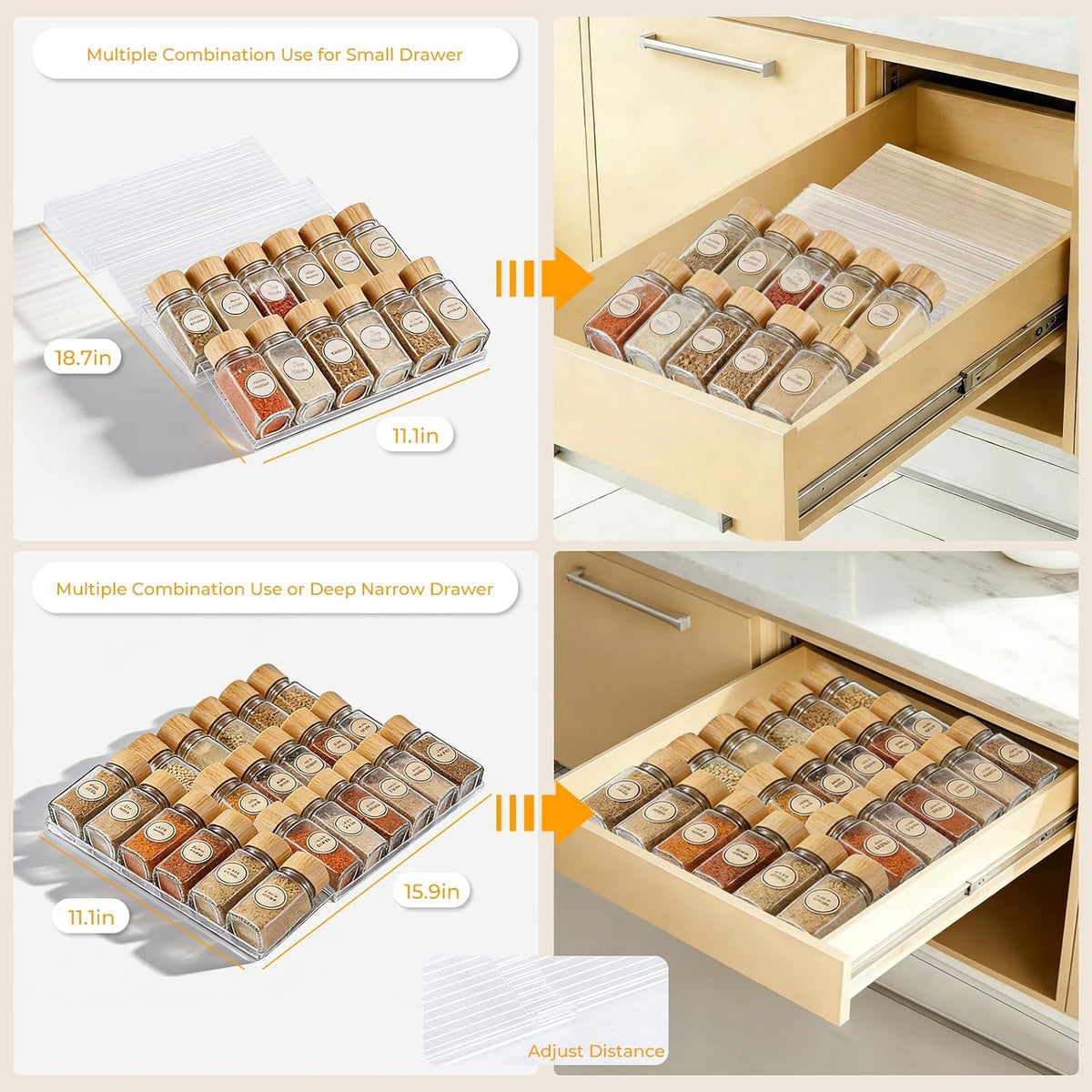 UFORU Acrylic Spice Drawer Organizer 4 Tier(4 Packs), Expandable from 11" to 22" Seasoning Organizer Tray for Kitchen - Clear Tiered Spice Rack for Drawer, No Assembly Required(Jars Not Included)