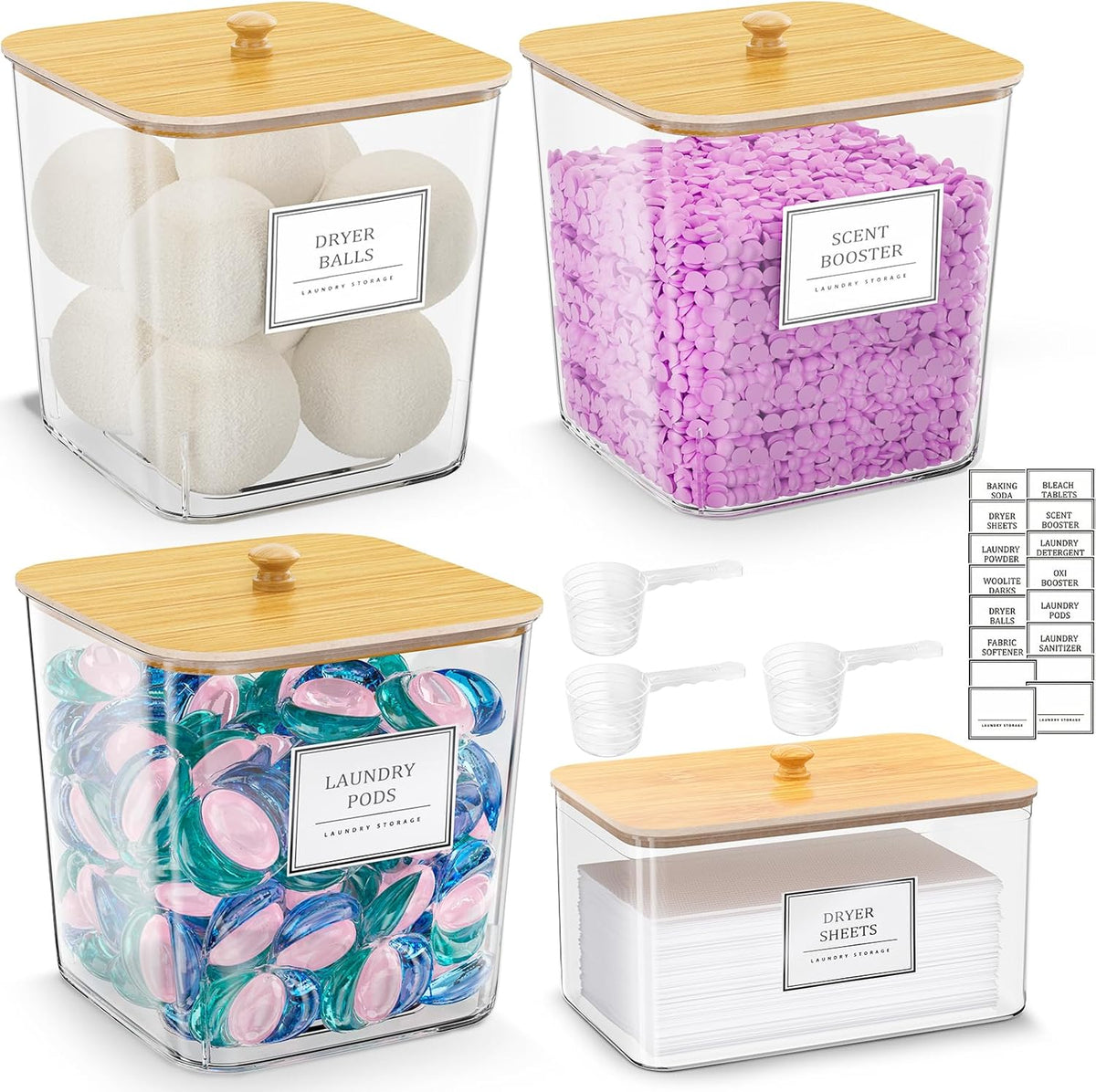 HomePekite Laundry Pods Storage Container, Clear Laundry Room Organization and Storage,Detergent Powder Container,with Wooden Lids & Labels, 3+