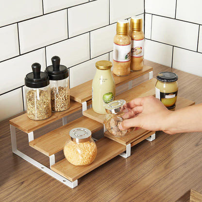 SONGMICS Display Risers, Set of 2 Engineered Wood Perfume Organizer Stand, 4-Tier Cupcake Stand Holder, Spice Rack, Shelf Risers for Figures, Dessert Shelves, Natural Beige and Cloud White UKCS216N02