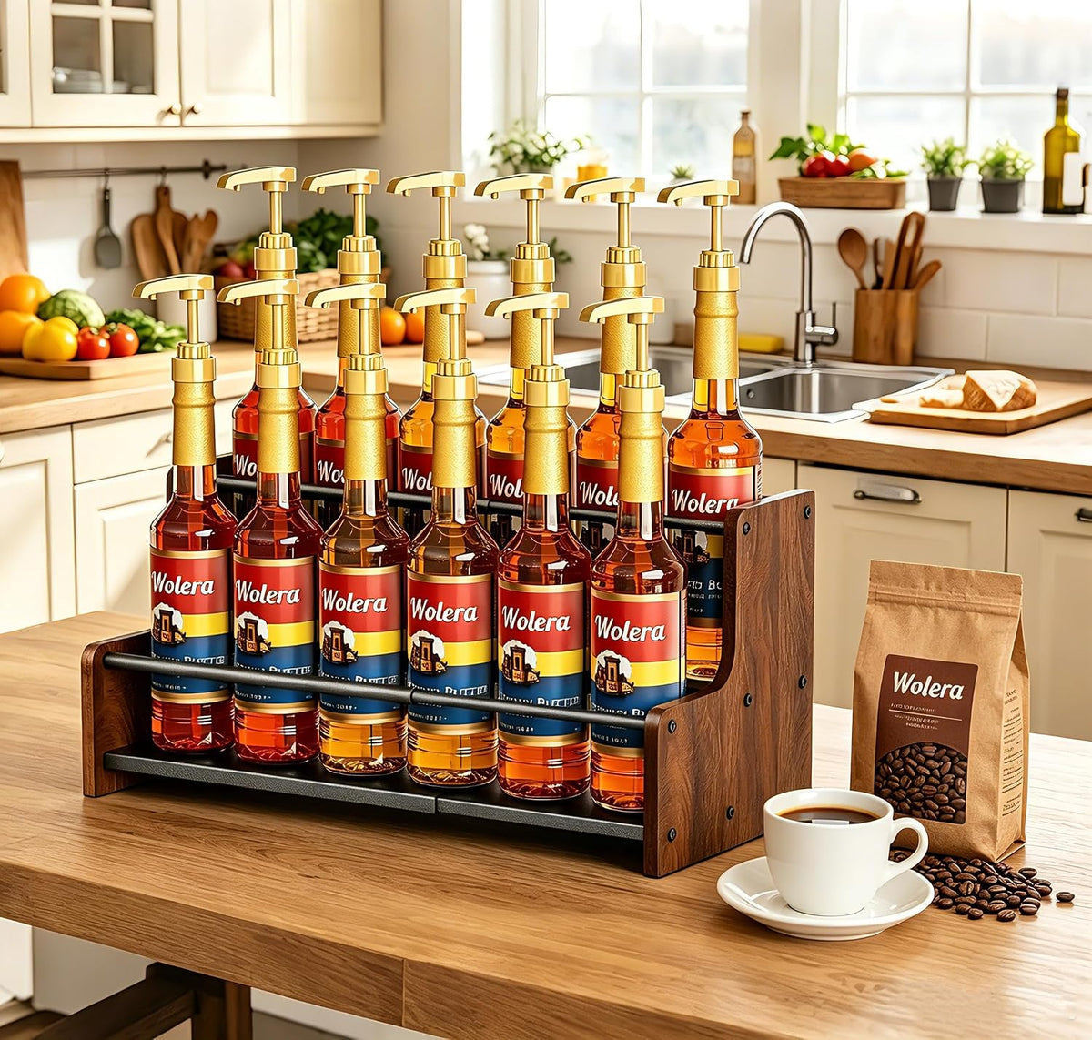 2-Tier Expandable Coffee Syrup Organizer – Countertop Rack Holds 8 to 12 Syrup Bottles, Display Shelf, Customizable Length Coffee Bar Shelf for Liquor, Spice Jars & Wine, Heavy Duty Coffee Bar Storage