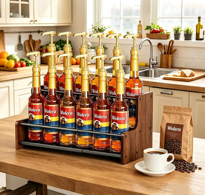 2-Tier Expandable Coffee Syrup Organizer – Countertop Rack Holds 8 to 12 Syrup Bottles, Display Shelf, Customizable Length Coffee Bar Shelf for Liquor, Spice Jars & Wine, Heavy Duty Coffee Bar Storage