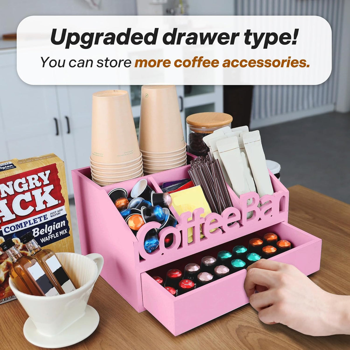 Coffee Bar Organizer for Countertop – Wooden Coffee Caddy with Compartments for Pods, Sugar Packets, and Accessories – Coffee Condiment Station Storage for Home and Office (Black)