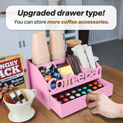 Coffee Bar Organizer for Countertop – Wooden Coffee Caddy with Compartments for Pods, Sugar Packets, and Accessories – Coffee Condiment Station Storage for Home and Office (Black)
