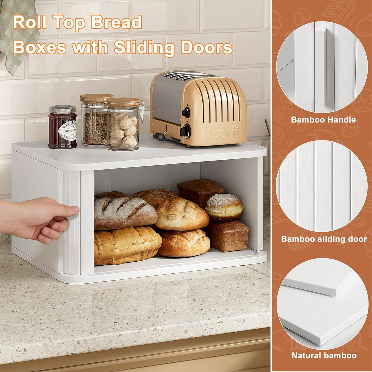 WOWLIVE Bread Box for Kitchen Countertop, Large Roll Top Bread Boxes with Sliding Door, Airtight Bread Storage Container for Loaves, Pastries & Bagels, Bamboo Counter Organizer (Natural, Medium)