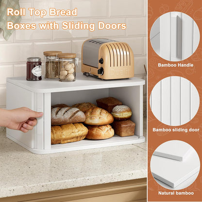 WOWLIVE Bread Box for Kitchen Countertop, Large Roll Top Bread Boxes with Sliding Door, Airtight Bread Storage Container for Loaves, Pastries & Bagels, Bamboo Counter Organizer (Natural, Medium)
