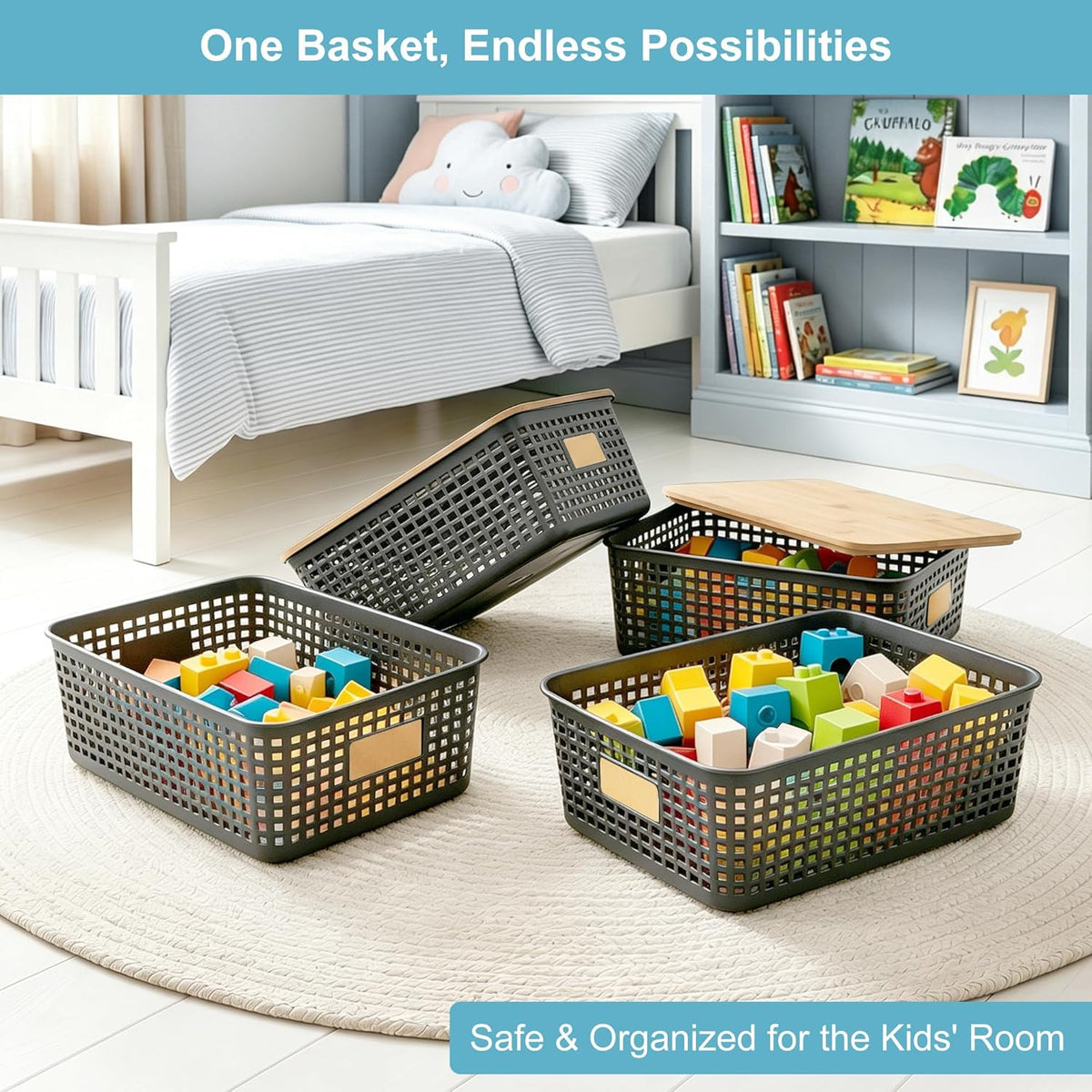 Bagnizer Small Plastic Storage Bins with Bamboo Lids 5.2qt Stackable Box Basket Pantry Decorative Containers Cute with Labels for Organizing Desktop Closet Office Cream White of 10*7.2*4.1"