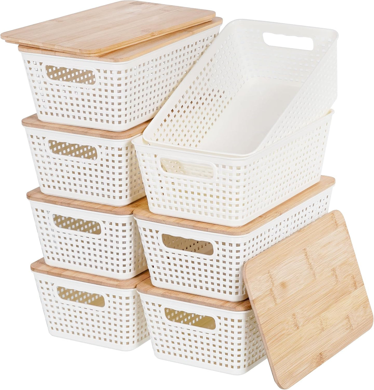 Small Storage Bins with Lids 6 Packs, Plastic Storage Basket with Bamboo Lid for Pantry Organization and Storage Containers for Shelves Drawers Desktop Closet Playroom Office Home, White