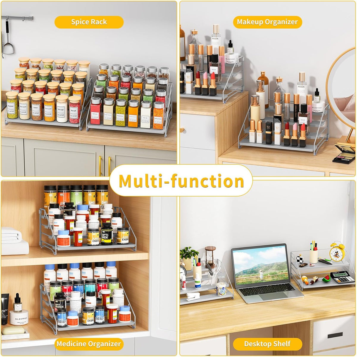 RCHYFEED Spice Rack Organizer for Cabinet Pantry,4 Tier Spice Rack Countertop, Depth Adjustable Spice Organization for Cabinet,Tierd Seasoning Organizer for Cabinet(Black) | for Cabinet Pantry
