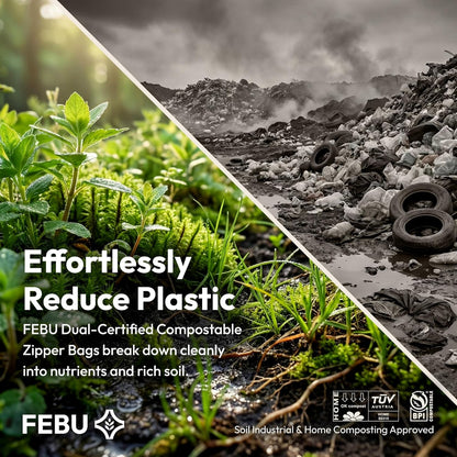FEBU Compostable Food Storage Bags Variety Pack, 260 Count | Compostable & Biodegradable | PFAS & BPA Free | Drawer Organizer Box | 90 Snack, 90 Sandwich, 50 Quart, 30 Gallon