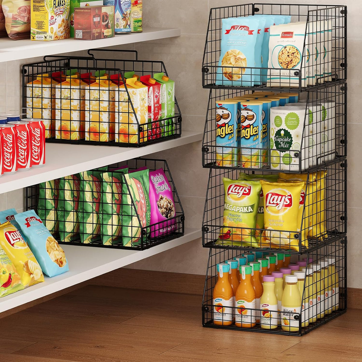 Jakyitvi XXL Stackable Wire Storage Basket, Extra Large Capacity Pantry Organizer and Storage, Muti-Purpose for Fruit Vegetable Basket & Toy Bin & Snack Organizer