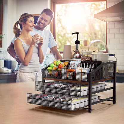 Homsorout Coffee Bar Organizer - Coffee Station for Countertop, Metal and Wood K Cup holder Storage Basket for Coffee Pods, Syrup, Cups, Stirrer, Coffee Condiment, Tea Organizer, Black and Brown