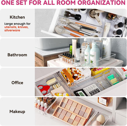 Criusia Large Drawer Organizer Bins | Complete 5 Size Clear Plastic Kitchen Drawer Organizers for Utensils | Bathroom Drawer Organizer Trays | Versatile for Makeup Office Organization