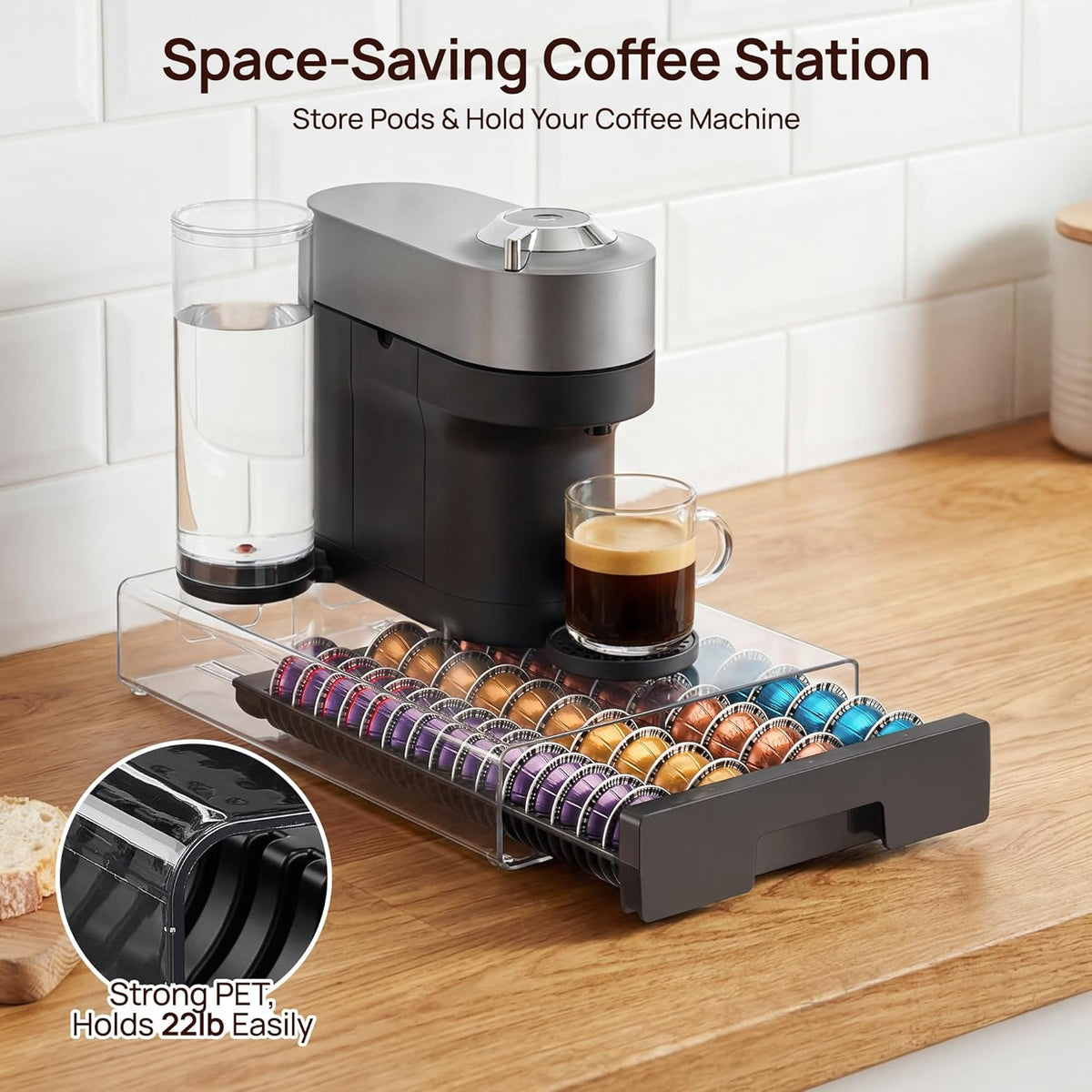 Vtopmart Coffee Pod Drawer Organizer for Nespresso Vertuo Pods, Holds 40 Large or 60 Small Capsules, Acrylic Coffee Pod Holder with Smooth Pull-Out, Anti-Slip Clear Storage