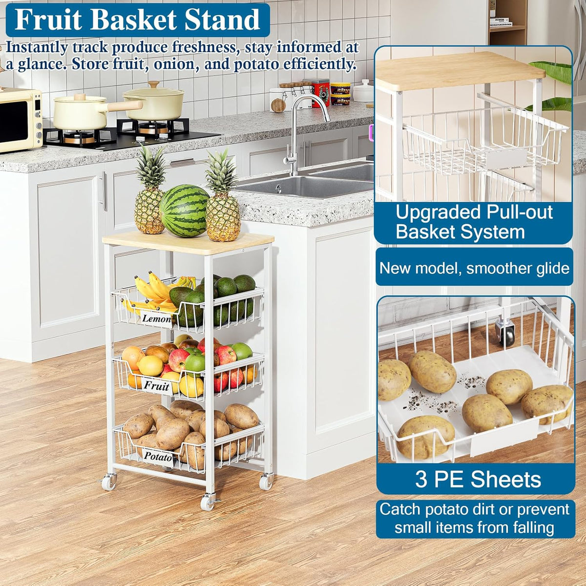 OKZEST 4-Tier Kitchen Storage Cart on Wheels – Mobile Fruit Basket Stand with Drawers & Wooden Top, Small Rolling Pantry Shelf for Potatoes, Onions, Bottled Drinks, Cans, Snacks – Includes 3 PE Liners