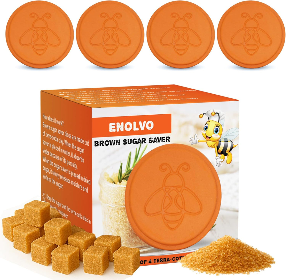 ENOLVO Terracotta Brown Sugar Saver- Brown Sugar Keeper Disc to Maintain Food Moisture in Storage Container - Terra Cotta Bear Softener Alternative (4 Pack)