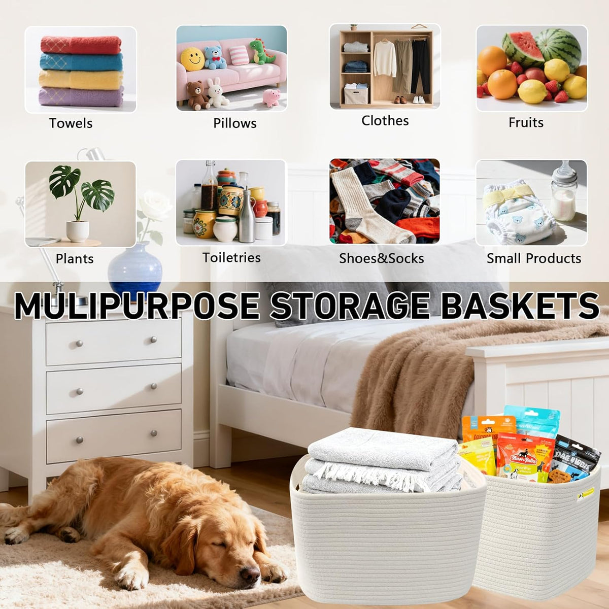 3 Pack Woven Rope Storage Baskets for Shelves,13.5"×11"×9.5" Storage Bins with Handles,Empty Gift Baskets,Nursery Organizer for Toys,Towels,Books,Closet,Living Room,Bedroom (White & Brown)