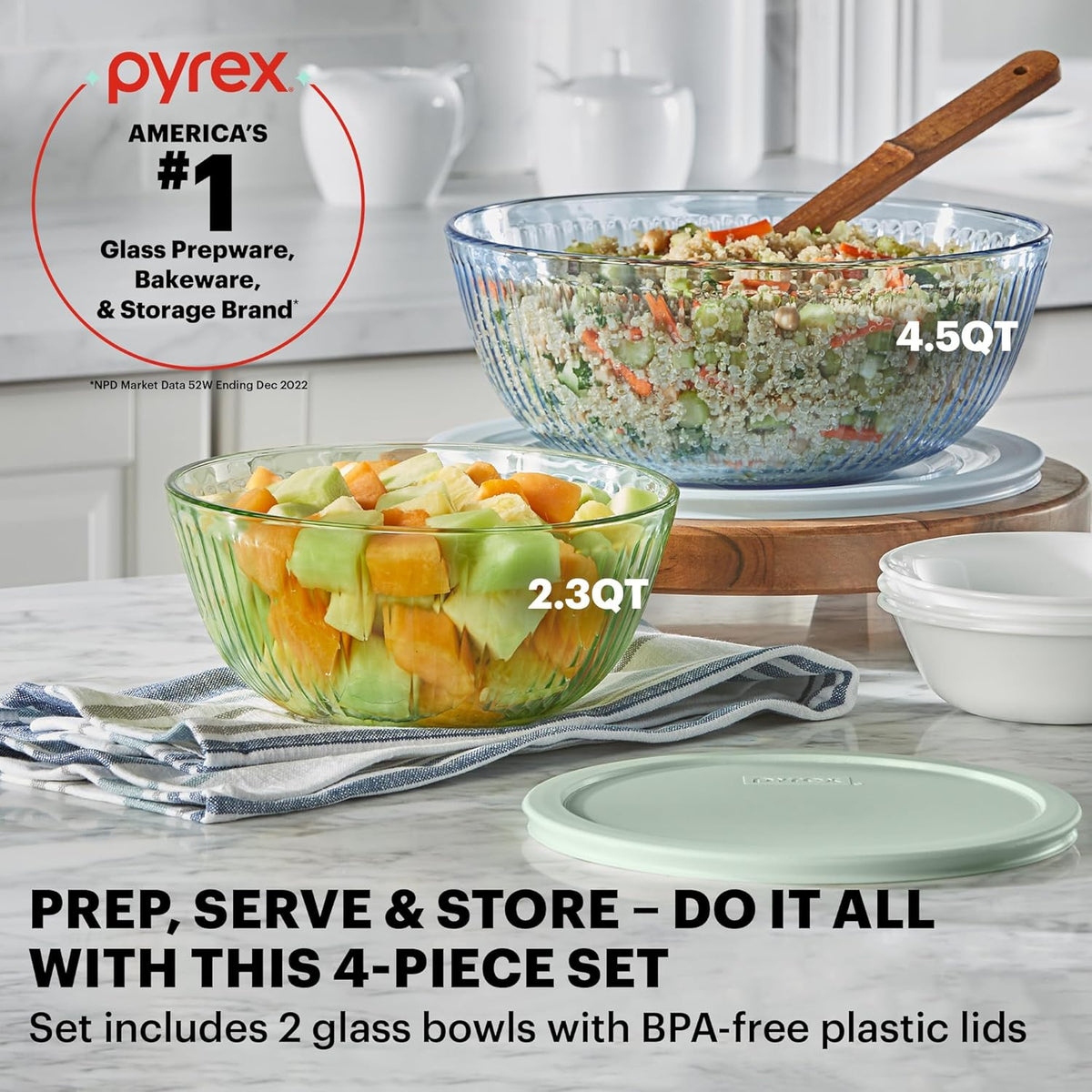 Pyrex Colors Tinted (Full Set) Sculpted Tinted Glass Mixing Bowls With Plastic Lids, Nesting Space Saving Set of Bowls For Prepping and Baking, 1.3QT, 2.3QT & 4.5QT