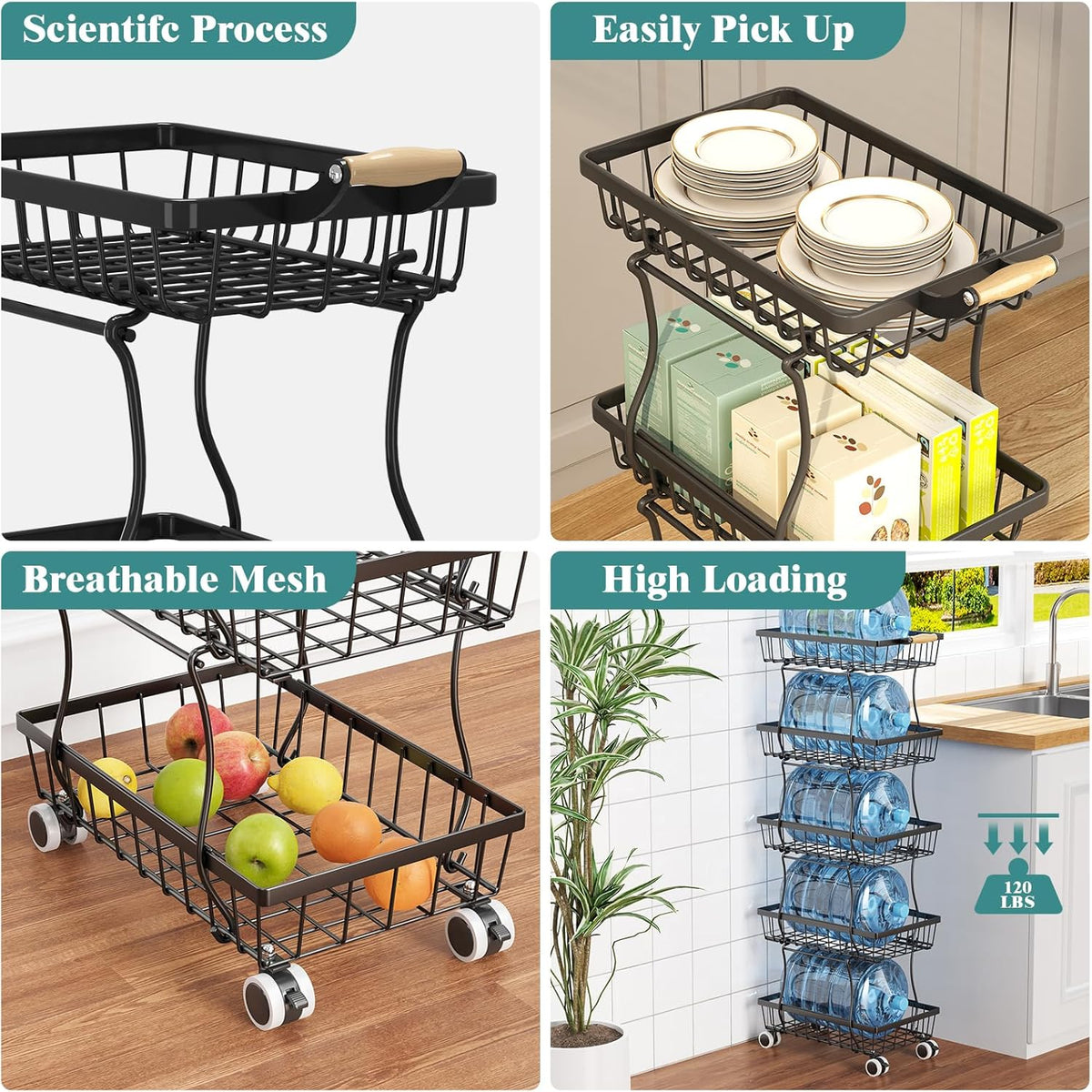 CHLORYARD 4 Tier Slim Fruit Basket for Kitchen, Stackable Metal Wire Fruit Vegetable Storage Baskets Organizer Stand on Wheels, Produce Basket Potato Onion Storage Bins Rack for Pantry. (Black)