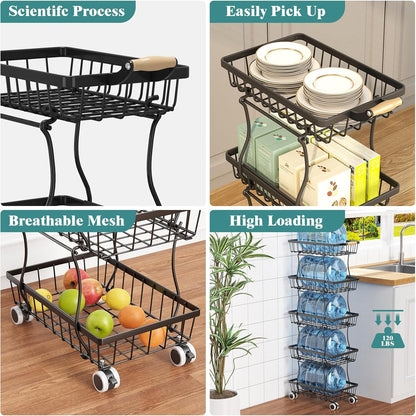CHLORYARD 4 Tier Slim Fruit Basket for Kitchen, Stackable Metal Wire Fruit Vegetable Storage Baskets Organizer Stand on Wheels, Produce Basket Potato Onion Storage Bins Rack for Pantry. (Black)
