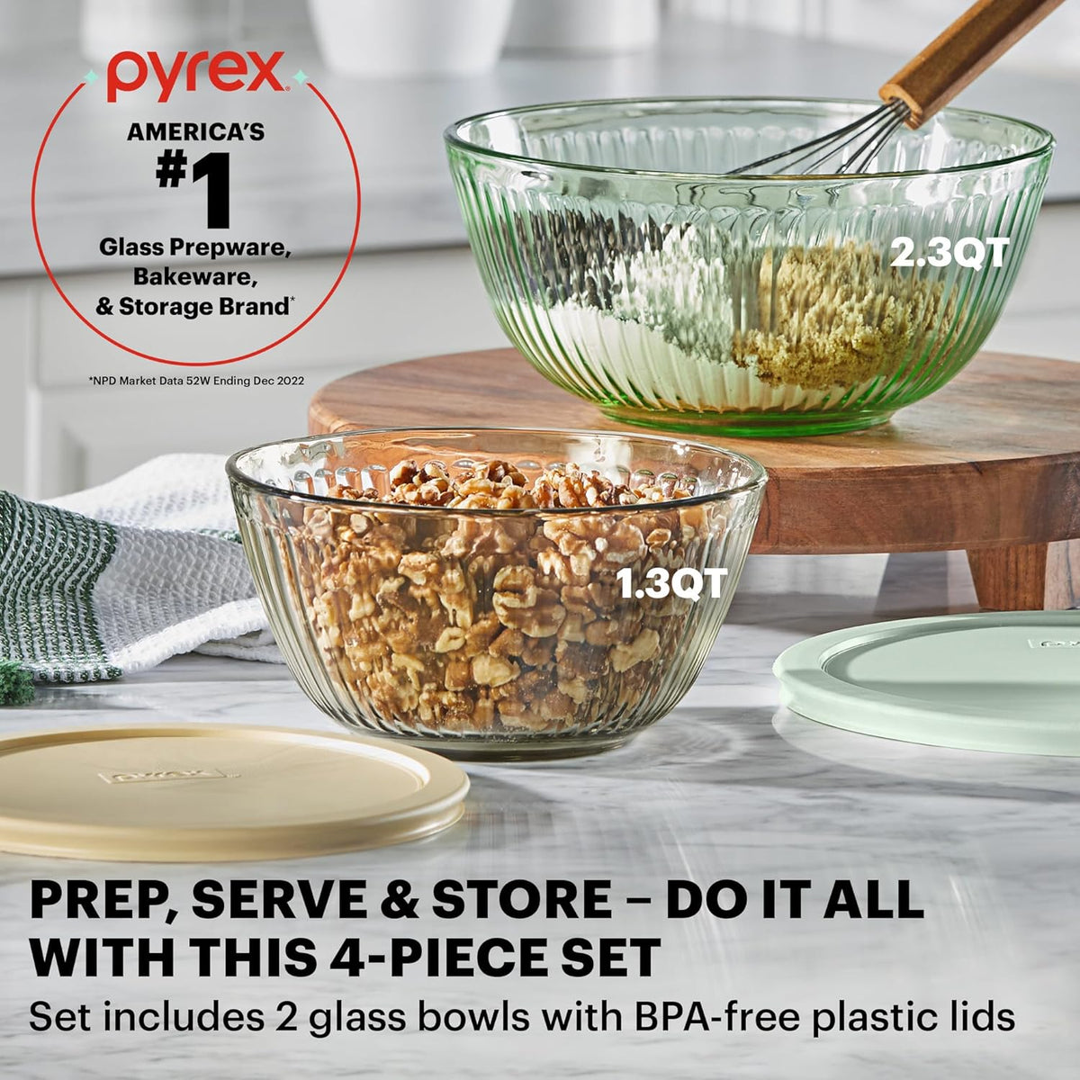 Pyrex Colors Tinted (Full Set) Sculpted Tinted Glass Mixing Bowls With Plastic Lids, Nesting Space Saving Set of Bowls For Prepping and Baking, 1.3QT, 2.3QT & 4.5QT