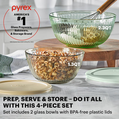 Pyrex Colors Tinted (Full Set) Sculpted Tinted Glass Mixing Bowls With Plastic Lids, Nesting Space Saving Set of Bowls For Prepping and Baking, 1.3QT, 2.3QT & 4.5QT