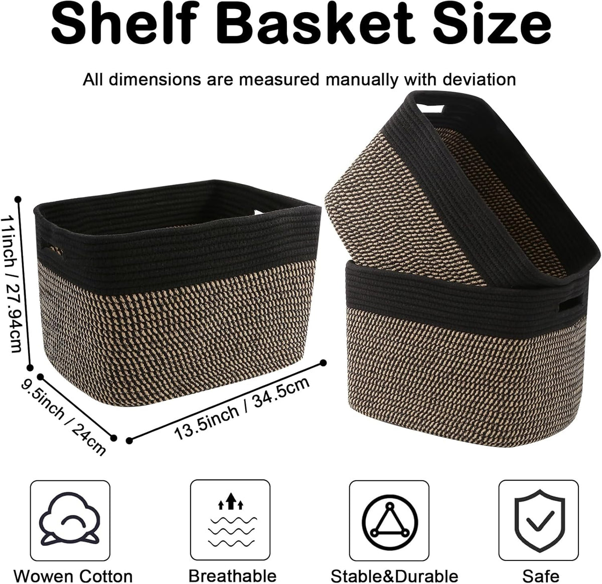 3 Pack Woven Rope Storage Baskets for Shelves,13.5"×11"×9.5" Storage Bins with Handles,Empty Gift Baskets,Nursery Organizer for Toys,Towels,Books,Closet,Living Room,Bedroom (White & Brown)