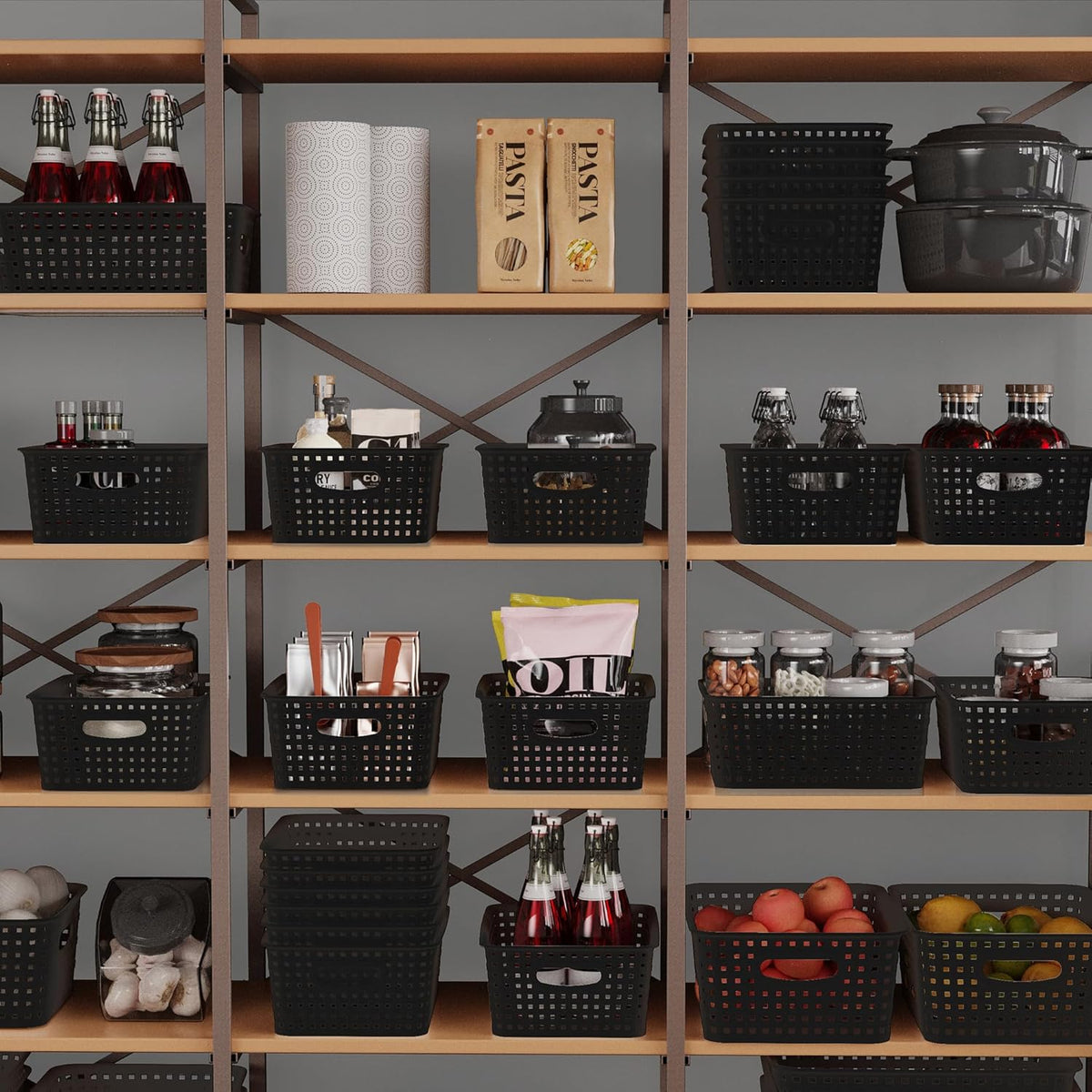 Khaki Stackable Storage Baskets, Plastic Weave Basket Organizer and Storage Set of 12, Pantry Organizing Baskets for Shelves, Kitchens, Bathrooms, Classrooms, Cabinets and Bedrooms