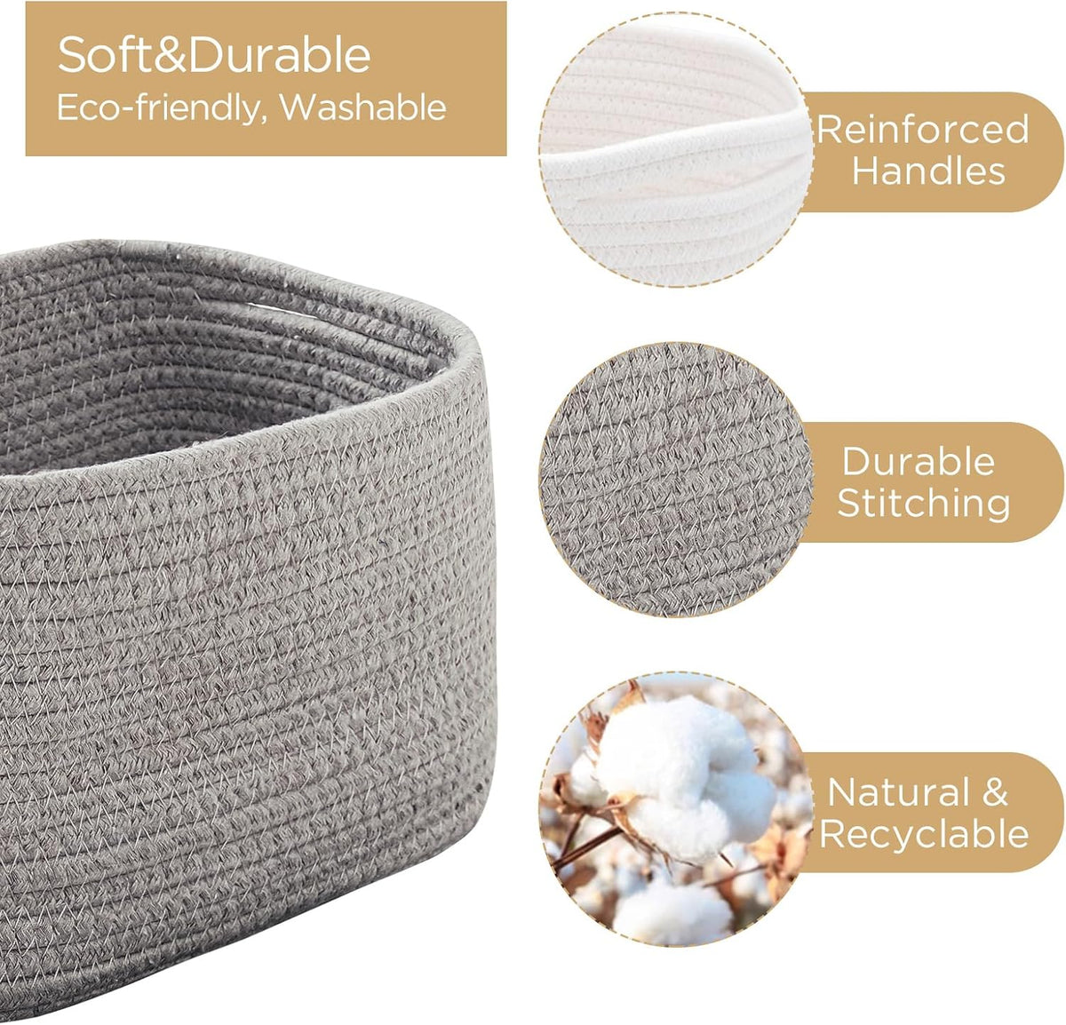 R RUNKA Small Cotton Rope Basket – Storage Bin for Organizing (10.6" x 6.7" x 6.7"), Bathroom Storage Basket for Shelf, Counter & Closet（Beige）