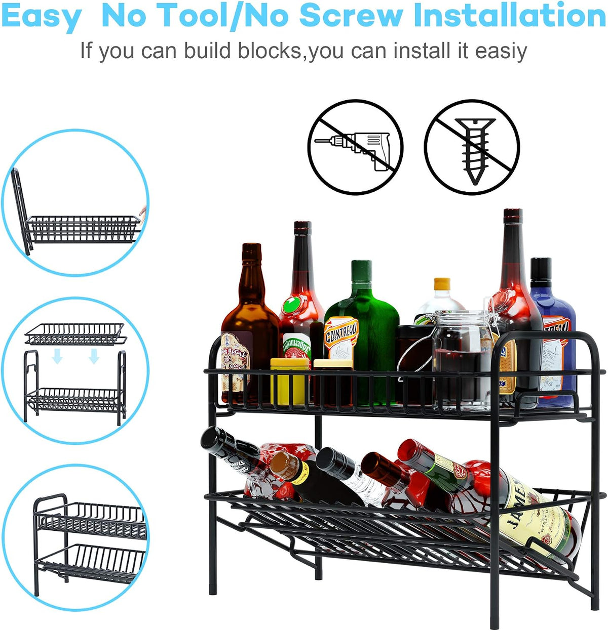 HengLiSam Spice Rack Organizer for Countertop, Heavy Duty Full Solid Metal Kitchen Shelves, 2 Tier Liquor Shelves Freestanding Holder Storage for Kitchen Cabinet Pantry Bottle Rack for Bathroom, Black