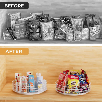 Snack Organizer - Versatile Snack Storage 2 Tier Lazy Susan with Convenient Grab-and-Go Design, Wood and Metal Snack Holder for Home, Office, Breakroom, 12.13" L x 12.13" W x 12.56" H
