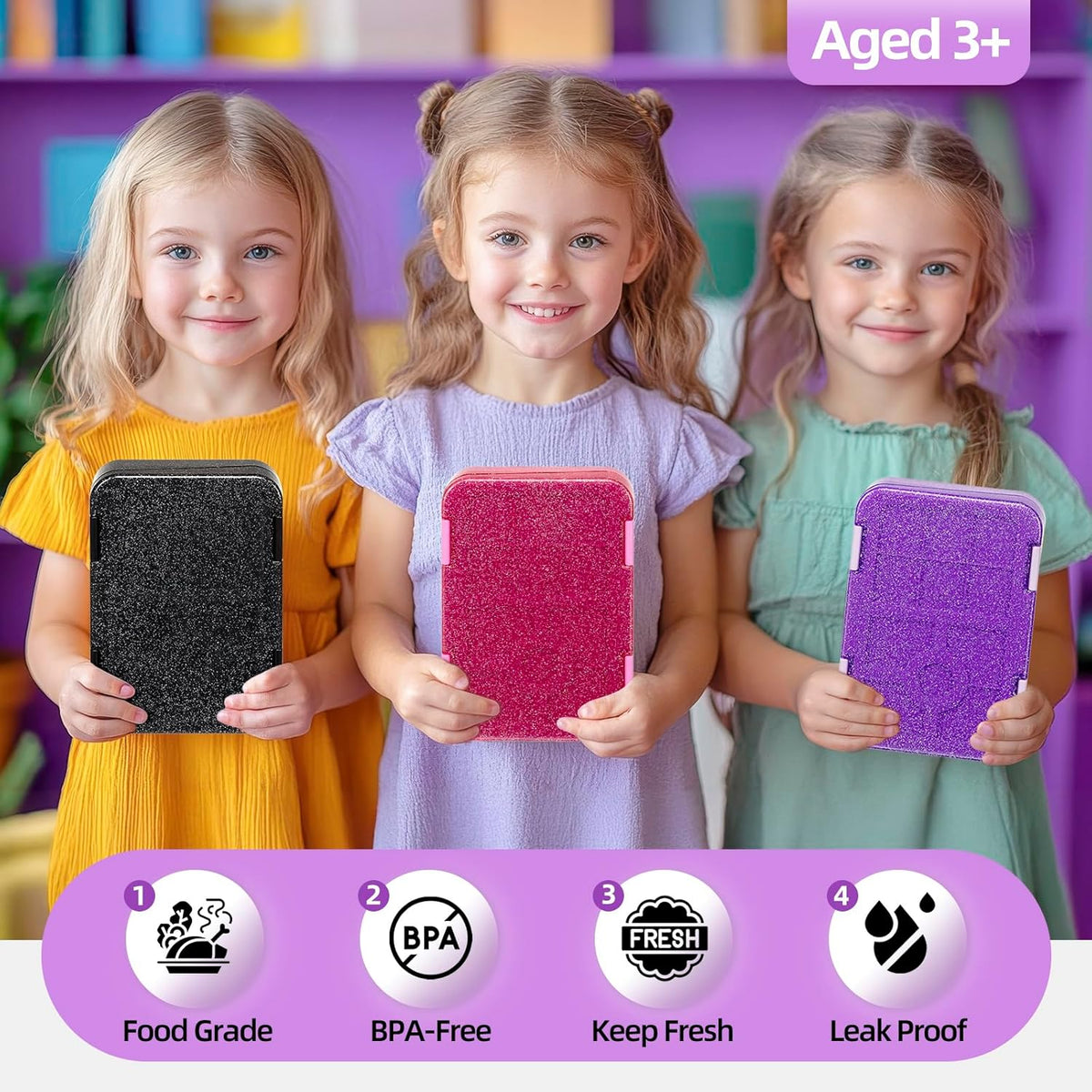 Bento Lunch Box for Kids, 6 Compartments BPA Free, Dishwasher Safe Back to School Snack Bento Lunch Containers Boxes, Ideal Portion Sizes for On-the-Go Meal, Ages 3+, School, Green Patterned
