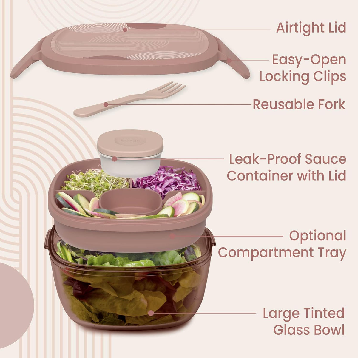 Bentgo Glass Prints Salad Container - 7.6-Cup Tinted Glass Salad Bowl with Airtight Lid, Leak-Proof Sauce Container, 4-Compartment Bento Meal Prep Tray & Reusable Fork (Floral Maximalist - Sea)