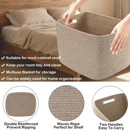 3 Pack Woven Rope Storage Baskets for Shelves,13.5"×11"×9.5" Storage Bins with Handles,Empty Gift Baskets,Nursery Organizer for Toys,Towels,Books,Closet,Living Room,Bedroom (White & Brown)