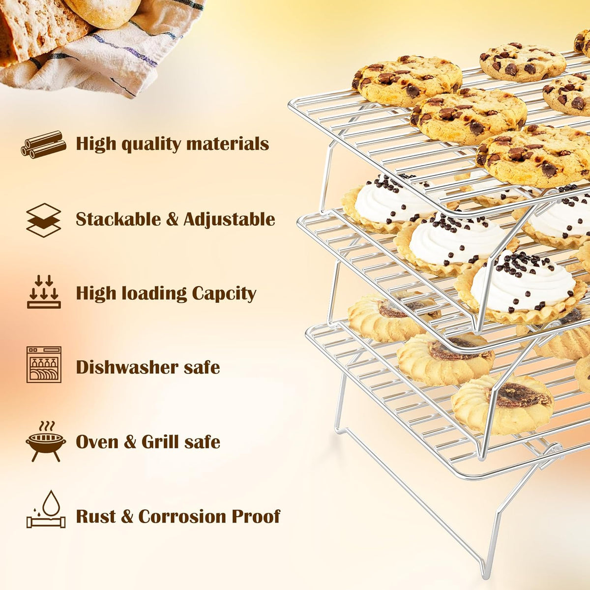 2PCS Cooling Racks for Cooking and Baking - 10" x 15"Heavy Duty Stainless Steel Wire Rack for Baking, Grilling, Roasting - Oven & Dishwasher Safe - Fits Jelly Roll Sheet Pan-Silver