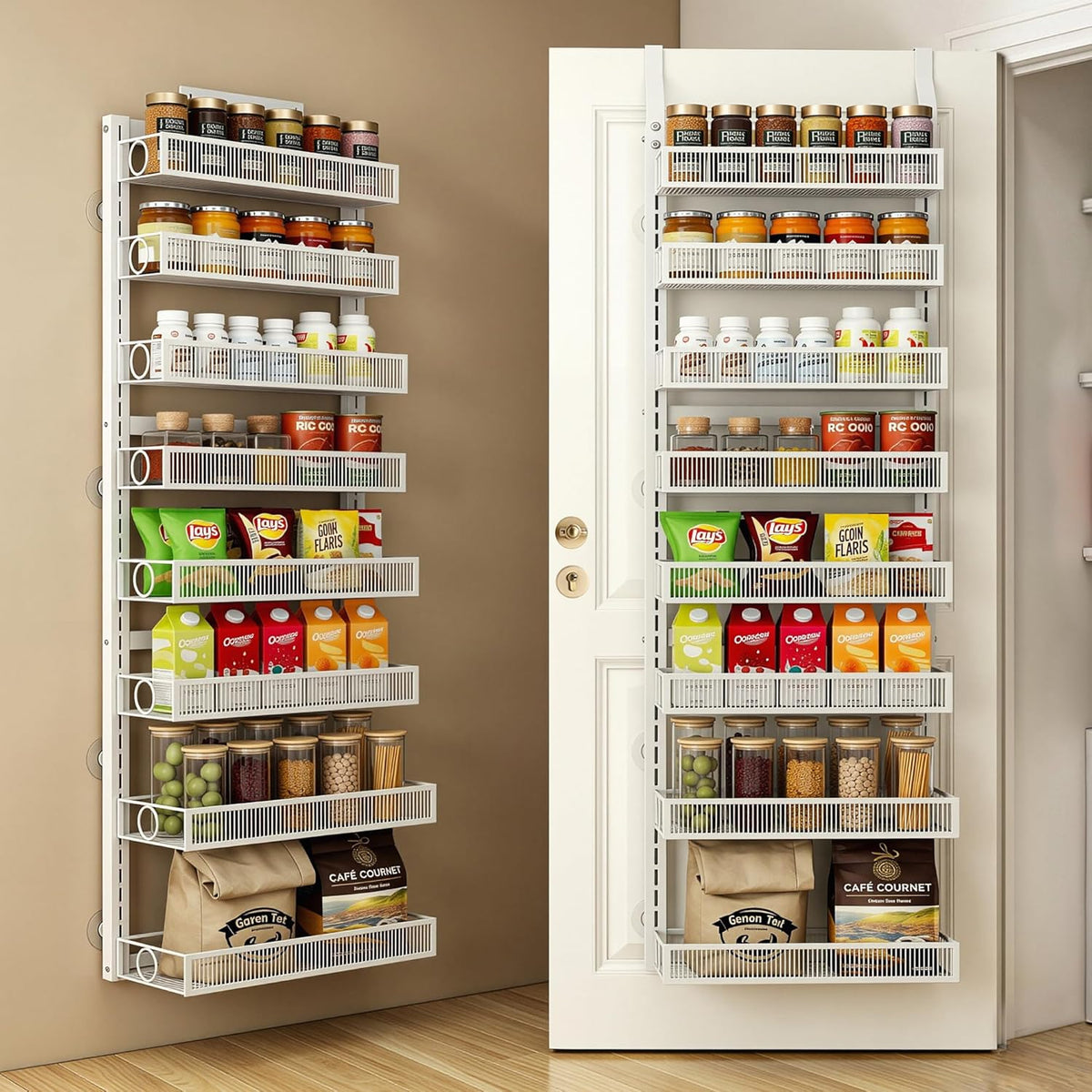 Over the Door Pantry Organizer 8 Tier Hanging Door or Wall Mounted Spice Rack with Adjustable Acylic Basket,Heavy Duty Metal Seasoning Storage Shelf for Kitchen Pantry and Bathroom