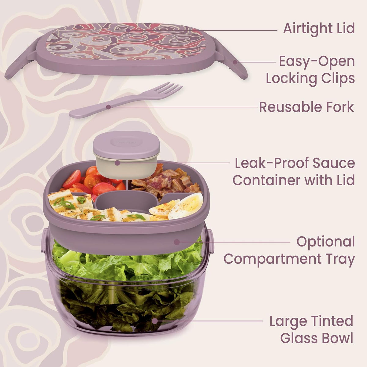 Bentgo Glass Prints Salad Container - 7.6-Cup Tinted Glass Salad Bowl with Airtight Lid, Leak-Proof Sauce Container, 4-Compartment Bento Meal Prep Tray & Reusable Fork (Floral Maximalist - Sea)