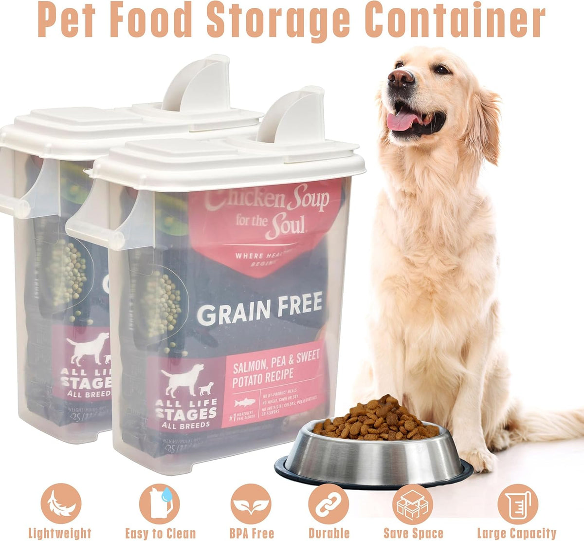 Buddeez Airtight Pet Food Storage Container - 50 QT/50 LB Capacity Dog Food Storage Container - Cat Food Container, Bird Seed Storage Container, Rolling Storage Bin, Air Tight with Handle & Scoop