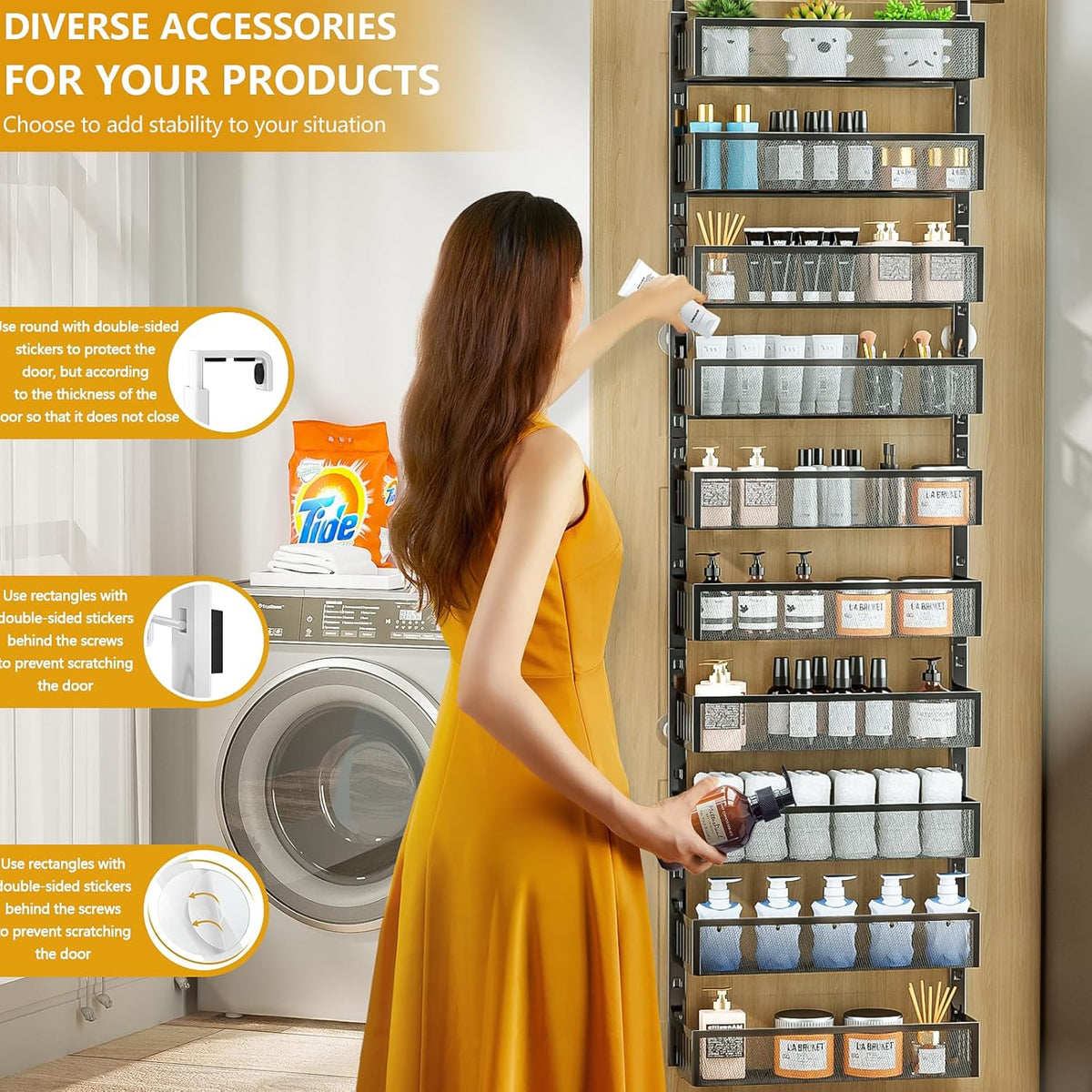 6-Tier Over The Door Pantry Organizer with Mesh Baskets, Adjustable & Stable Hanging Spice Rack for Kitchen, Bathroom, Bedroom, and Baby Essentials Storage