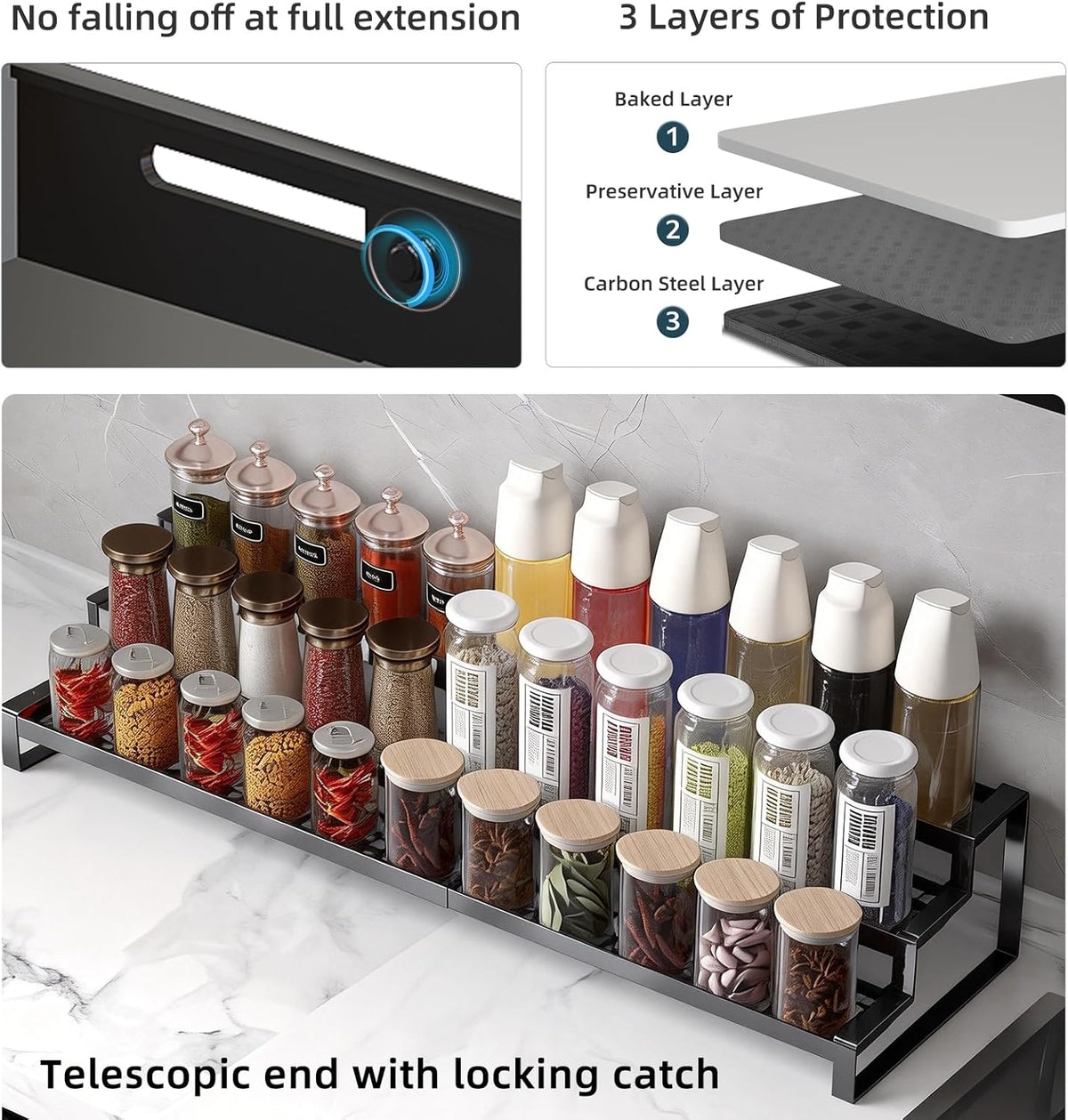 3 Tier Expandable Spice Rack Organizer, Heavy-Duty Black Metal Seasoning Organization Shelf for Cabinet, Kitchen & Pantry, Tiered Spice Shelf With Safety Lock, For Jars & Bottles, Countertop Storage