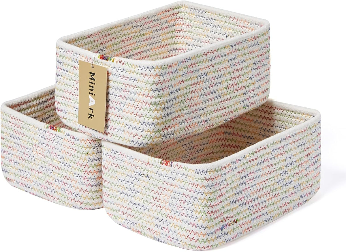 MiniArk Small Storage Baskets for Organizing | Closet Organizer Bins | Shelf Toy Basket | Woven Rope Baskets | Cube Decorative Box | Shallow Basket | L11.5xW7.5xH4.7| Brown