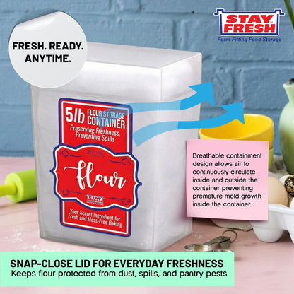 Stay Fresh Clear Storage Container - BPA Free Plastic Canister for Kitchen Pantry, Baking Needs - Holds 5LB Bag - Large Form-Fitting Food Keeper Bin - Food Holder (Flour)