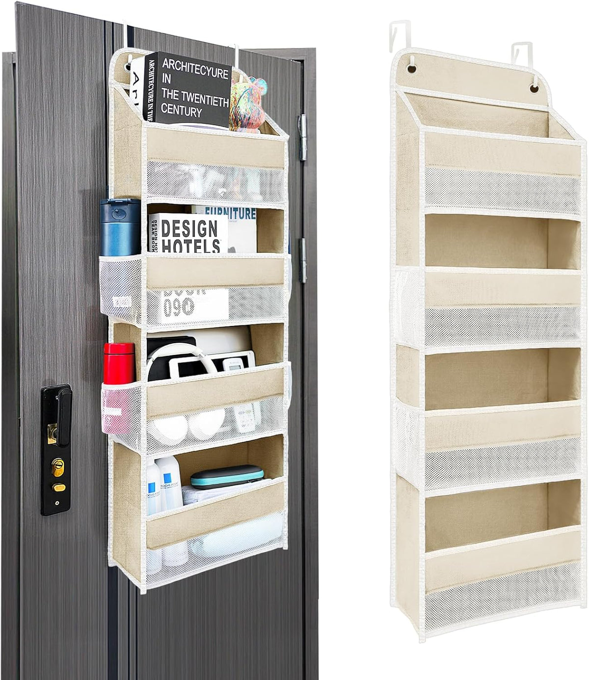 Over The Door Organizer with LifetimeWarranty, 4 Shelves & 4 Side Pockets, Large Storage Rack Holds 44lb, Heavy-Duty Reinforced Mesh Shelf for Bathroom, Closet, Toy Organization, Shoes, Towels, Grey