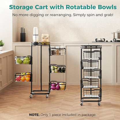 5 Tier Kitchen Fruit Vegetable Storage Cart with One-Piece Rotating Basket, Pantry Organizer Shelf Rack Floor Stand for Veggie Onion Potato Produce Spice, Rolling Snack Cart on Wheels, Black