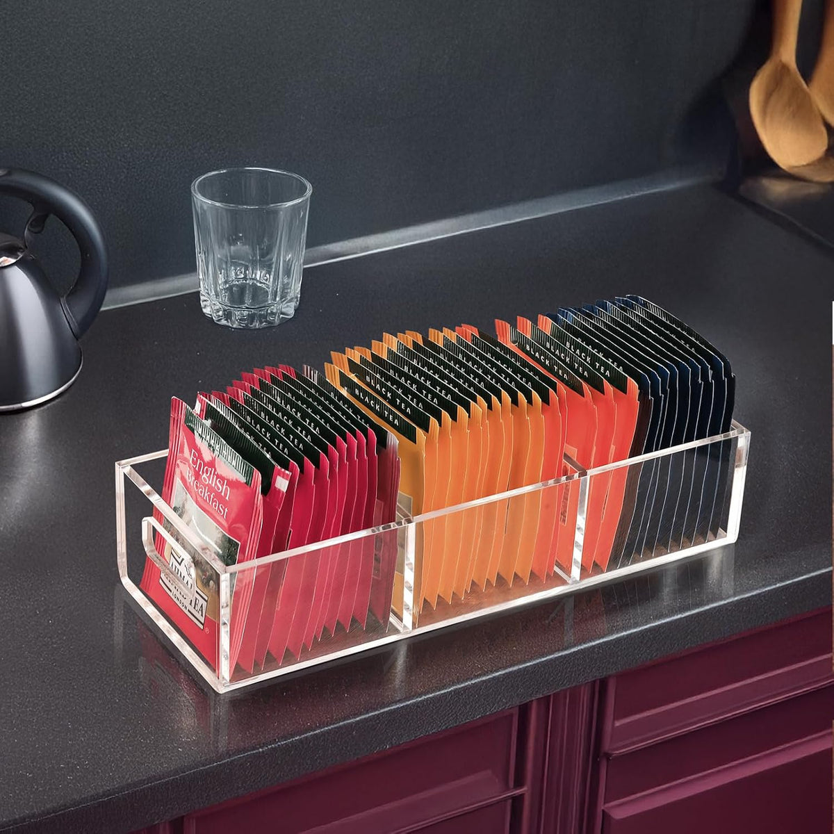 FUCDTEFC Tea Bag Organizer, Small Clear Tea Bag Holder for Drawer Kitchen Cabinets Pantry Countertops Organizers Storage, BPA-Free Acrylic Coffee Pods, Sugar Packets,Plastic Teabag Bins Home Organizer