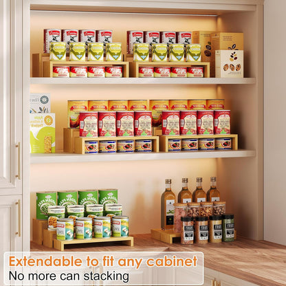 2 Sets Bamboo Can Organizer for Pantry, 3-Tier 6-Piece Adjustable Cabinet Can Display Rack, Soda Can Organizer Holds Up to 31 Cans, Canned Goods Storage Holder for Pantry, Cabinet, Countertop